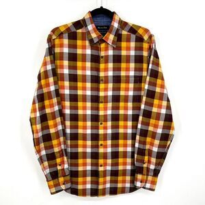 MASSIMO DUTTI Men's Brown Yellow Plaid 100% Cotton Button Up Shirt Size Small